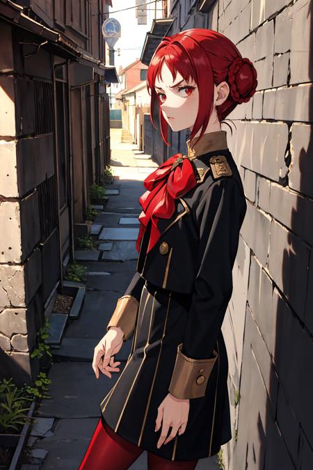 masterpiece, best quality, feMonica, hair bun, braid, red bow, black jacket, black skirt, red pantyhose, black boots, dark alleyway, chiaroscuro shading, from side, furrowed brow, serious expression <lora:monica-nvwls-v2-000010:0.9>