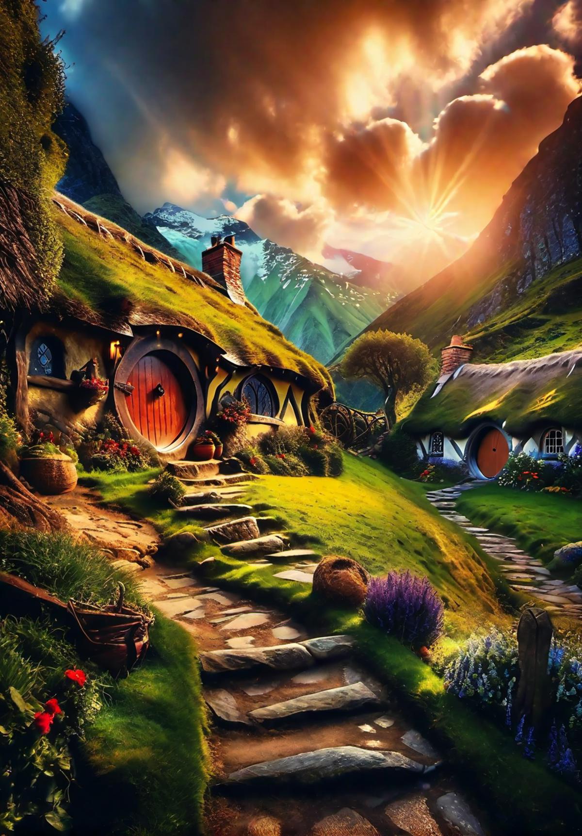 A picturesque scene of a hobbit house with a mountain backdrop and a sunlit sky.