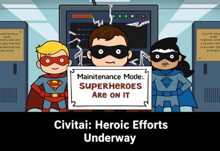 "A cartoon of a superhero team in front of a broken server, with a sign saying ‘Maintenance Mode: Superheroes Are on It’. Text: ‘Civitai: Heroic Efforts Underway’."