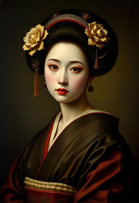 classic antique caravaggio painting of a beautiful japanese geisha, she is 20 years old with pretty round face,