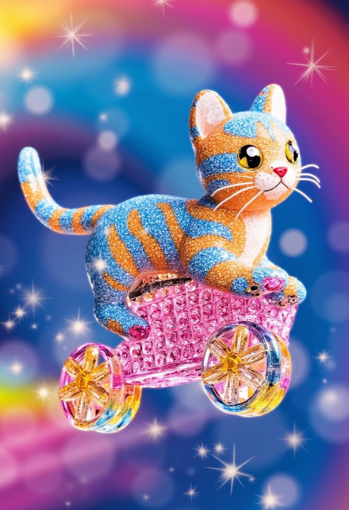 made of crystal, A blue and orange striped cat inside of a pink bicycle basket flying through rainbow space, leaving a sparkly trail, viewed from side, best quality, masterpiece,