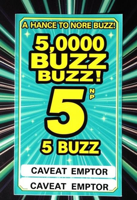 a 5 BUZZ scratch off lottery ticket where the prize is 1,000,000,000 BUZZ, it says " A CHANCE TO WIN MORE BUZZ ! " at the top of the flashy ticket, The price is " 5 BUZZ ". at the bottom of the ticket it says " CAVEAT EMPTOR ".
