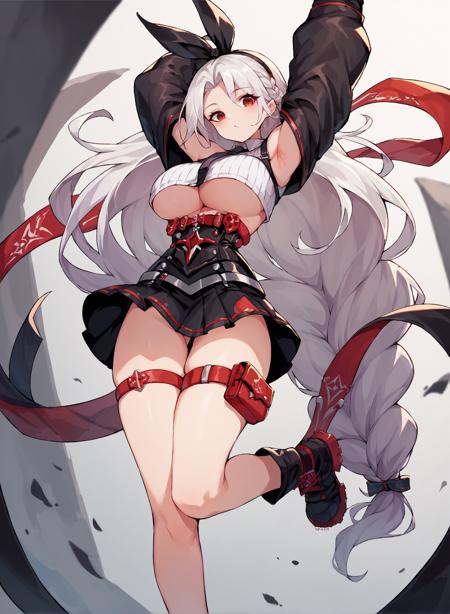 phog, ribbed shirt, sleeveless shirt, underboob, low-braided long hair, bare shoulders, black necktie, hair ribbon, ankle boots, high-waist skirt, red trim, black jacket, white shirt phkimo, bare legs, bare shoulders, collarbone, fur-trimmed kimono, hair stick, iron cross, japanese clothes, multicolored kimono, ponytail, red ribbon, obi, wide sleeves, choker phjr, bare shoulders, braided ponytail, cocktail dress, elbow gloves, evening gown, feather boa, high heels, long dress, red dress, side slit, strapless dress phlg, baseball cap, fake animal ears, flip-flops, strapless one-piece swimsuit, thigh pouch, toenails, whistle around neck, red swimsuit,  phsuke, bare legs, black serafuku, crop top overhang, fingerless gloves, high ponytail, midriff, platform heels, red gloves, fingerless gloves, sailor collar, no bra, x hair ornament, sarashi absurdly long hair, white hair, large breasts, red eyes, mole under eye, hair over one eye, 
