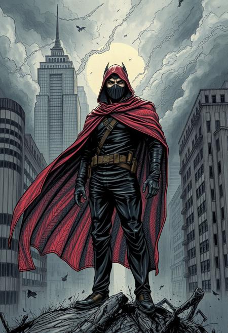 A masked revolutionary standing in a stormy urban landscape, their flowing cape detailed with intricate inked textures
expressive modernist realism meets hyper-detailed comic book illustration, dynamic compositions with bold yet fluid linework, rich and moody color palette, dramatic lighting with strong contrasts, highly detailed textures and intricate cross-hatching, surreal and symbolic elements blended with grounded realism, emotional depth in expressive characters, painterly abstraction fused with precise anatomical rendering, storytelling through movement and layered perspectives, fusion of classical fine art aesthetics with contemporary graphic narrative techniques