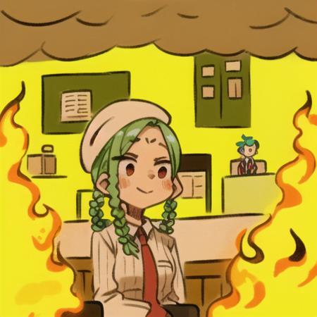 (thisisfine:1.3), (fire eveywhere:1.1), (smoke:1.0), (room full of fire:1.3), sitting on chair, (1girl:1.3),
cute expression, proportional features, no imperfections, 4k, 8k, (mint green hair:1.2), (twin_braids:1.2), white beret, (flower necktie:1.1), ribbed white shirt, slacks, light smile