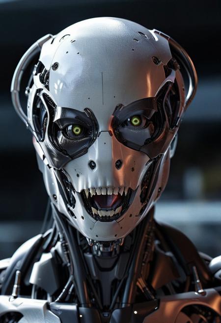 A raw photo of an evil alien robot, fine lines, faded freckles, very detailed skin, moist lips, long eyelashes, a clear separation between lips and teeth, cinematic style, absolute realism, bright colors and contrasts. Magnificent, heavenly, sinister, cinematic, epic, majestic, magical, fantasy photography, clear and realistic