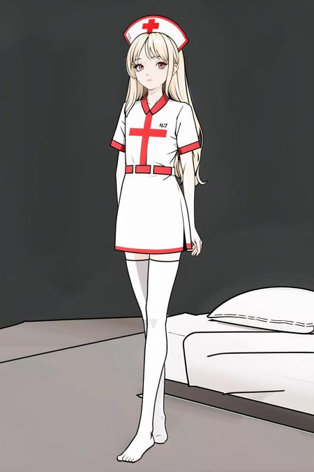 long_hair,red_eyes,blonde_hair,staring,((slim legs)),(white_thighhighs),(no shoes),sleeves,flat_chest,nurse cap,((nurse)),flat color,petite,solo,staring,full body,on bed,staring,nurse,,