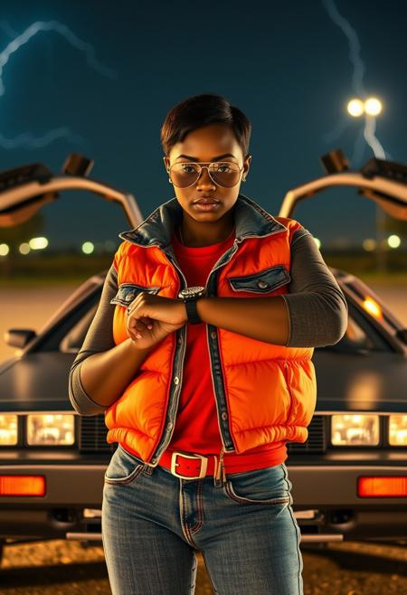 Highest quality, (cinematic lighting:1.1), action movie film still, (a dark skinned woman wearing a cropped orange winter vest over a denim jean jacket, and red T-shirt, white and red nike sneakers), perfect face, detailed facial features, alluring eyes, peeking over silver aviator sunglasses, standing in front of a Delorean Time Machine, Facing viewer, stylish short pixie cut, looking at her wrist watch, lighting strikes in the horizon in the night sky, full breasts, big ass, [wide hips], (highly detailed skin), ((far shot)), ambient light, photographed on a Nikon Z9, RF 35mm lens, F2.8, HDR, 8k, highly detailed, Cinestill 800T, dynamic angle, inspired by Back to the Future.