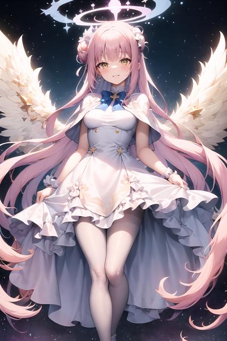 masterpiece, best quality, Mika, solo, halo, long hair, happy, dress, wings, wrist scrunchie, white dress, hair bun, smile, blue bow, bow, breasts, frilled dress, frills, scrunchie, night, single side bun, capelet, blush, white pantyhose, very long hair, bangs, white capelet, pantyhose, white wings, sky, feathered wings, star \(sky\), blue bowtie, low wings, medium breasts, night sky, starry sky, outdoors, hand up, bowtie, standing, parted lips, feet out of frame,

full shot body photo of the most beautiful artwork in the world，
(very detailed background:1.0), (highly detailed background:1.0), intricately detailed，
extremely hyper aesthetic, cinematography, crafted, Masterpiece, extremely delicate beauty, best quality, high resolution, official art, extremely detailed CG Unity 8k wallpaper, extremely exquisite beauty, incredibly absurdres, crisp hd image,
