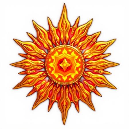 The sacred emblem of the Church of the Blazing Sun is a radiant symbol of divine fire and light. At its center is a glowing sun disk, crafted from gold, with flames etched in intricate detail radiating outward. These flames flicker with divine energy, symbolizing the purity and power of the sun. Surrounding the disk is a halo of fiery rays, each ray representing an aspect of illumination and divine wisdom. Embedded within the center is a crimson gemstone, glowing with an inner fire, reflecting the blazing fervor of the church's doctrine.
The emblem is often displayed on priestly garments, altar cloths, and temple walls, exuding warmth and intensity. It serves as a constant reminder of the church’s creed—light overcoming darkness, fire purifying all, and the sun's endless cycle of rebirth. The detailed flame motifs and metallic shine reflect the church’s power and relentless pursuit of truth.