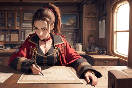 an intricately detailed illustration of an attractive (brunette) pirate queen with a (tffthairv07nike) (windswept ponytail) wearing a (huge full length intricately detailed red canvas pirate coat:1.2) ( in captains quarters:1.3), masterpiece, best quality, straps, choker, earrings, canvas pants, intricately detailed, ultra high resolution, ((leaning over:1.3) a cluttered table), [nautical maps], [books]