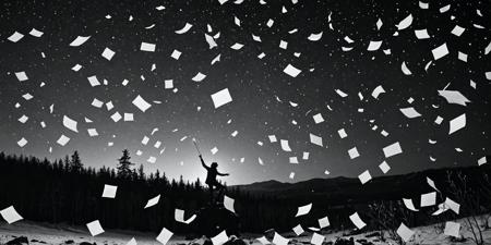 Destructive Art, Luminescent (Perseid meteor of Joy:1.1) , in a Fae setting winter Tech and Sticky notes in background, at Dusk, Hopeful, Grayscale, lighthearted, silhouette, set logical professional fine composition background, complex artistic color composition, fantastic aesthetic, magical