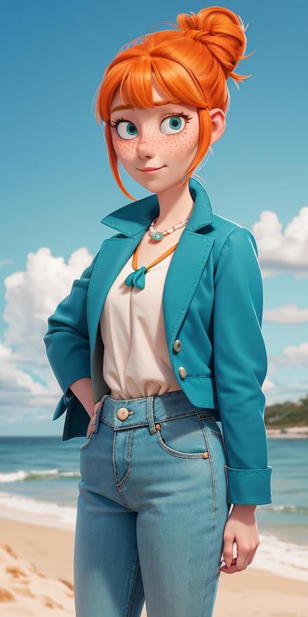 1girl, Orange hair in a bun, green eyes, slight smirk, freckles on cheeks, thin eyebrows, white necklace with a bow, teal jacket, pale skin, standing, Lucy Wilde, ocean, sand, palms, sun, <lora:Lucy_Wilde:1>, long nose, bangs, jeans,