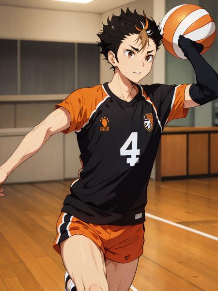 <lora:Yuu Nishinoya V3:0.6> Yuu Nishinoya ,solo,1boy,  masterpiece, best quality, ((1man)). ((aged up)), haikyuu!! nishinoya_yuu highres ,ball black_hair (blonde_hair) brown_eyes clothes_writing,  feathers footprints karasuno_volleyball_uniform male_focus multicolored_hair orange_shirt parted_lips playing_sports shirt short_hair solo (streaked_hair) sweat two-tone_hair upper_body volleyball (volleyball_uniform)  (volleyball court)