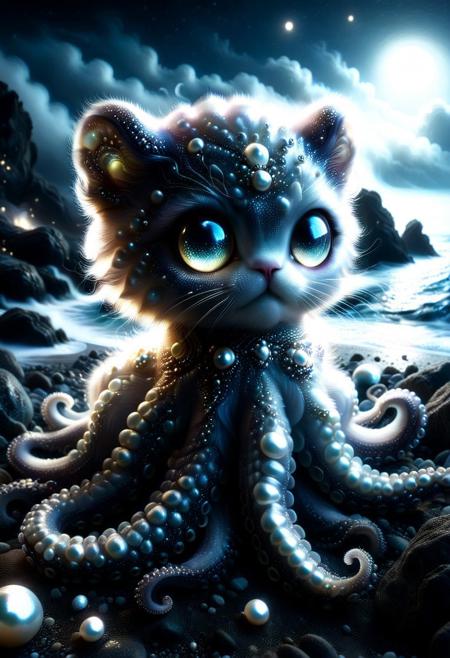mystical Octocat, feline head with glowing eyes, elegant fur, seamlessly merging into octopus body with flowing tentacles, bioluminescent suckers, sitting majestically on a rocky shoreline, ocean mist, moonlit night, cinematic close-up portrait, shallow depth of field, ethereal glow, fantasy realism, dramatic rim lighting, highly detailed, photorealistic, 8k, masterpiece, trending on artstation, 
Pearlum, aidmaImageUpgrader
