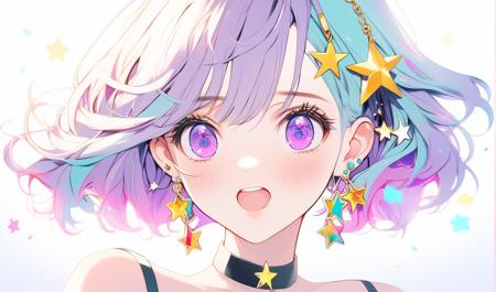 face focus, cute, masterpiece, best quality, 1girl, solo, jewelry, blonde hair, hair ornament, earrings, hairclip, looking at viewer, portrait, short hair, white background, parted lips, blush, bangs, simple background, signature, necklace, virtual youtuber, bare shoulders, collarbone, multicolored hair, aqua eyes, hair ribbon, open mouth, purple hair, star earrings