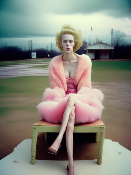 <lora:AlecSoth:1>William Eggleston style realistic portrait photo of beautiful young women sitting alone on wooden chair dressed in all pink and green fur, front shot, sadness, still, daylight, longingly gazing, 100mm-lens, film-grain