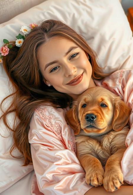 (masterpiece), best quality, expressive eyes, perfect face, vibrant color,
A young woman with long, brown hair smiles softly while lying in bed. She wears a light pink satin robe with lace detailing. Next to her, a fluffy golden retriever puppy rests on her lap, looking up with an adorable expression. The setting is cozy, with light-colored bedding and a blurred background of a softly lit room featuring flowers and a wooden nightstand.