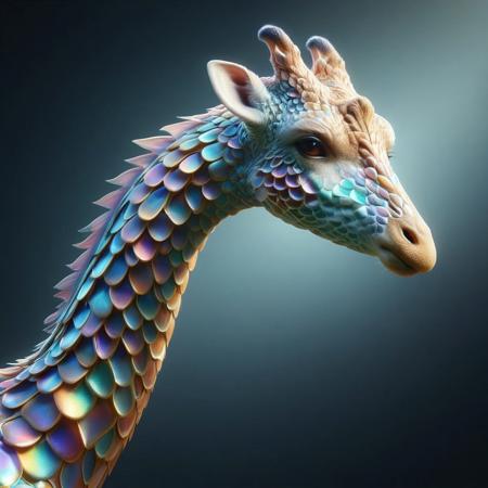 p1nk1r1sc4l3s, a giraffe made out of iridescent scales, masterpiece, best quality, highly detailed, sharp focus, dynamic lighting