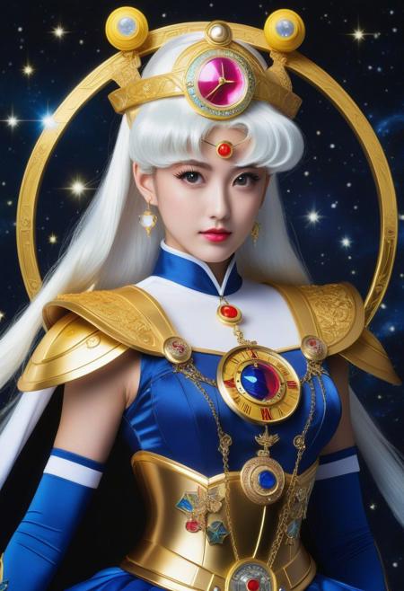 Sailor Moon in a helmet as a guardian of time in a costume adorned with time-themed motifs.