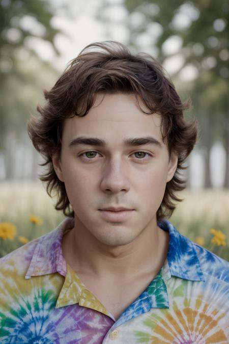 closeup face portrait photo of justin_owen <lora:justin_owen-07:1> wearing a tie-dye shirt with vibrant swirls of color, natural, diffused sunlight to give a warm and ethereal glow, serene and introspective mood, bed of wildflowers, shot by Baron Wolman