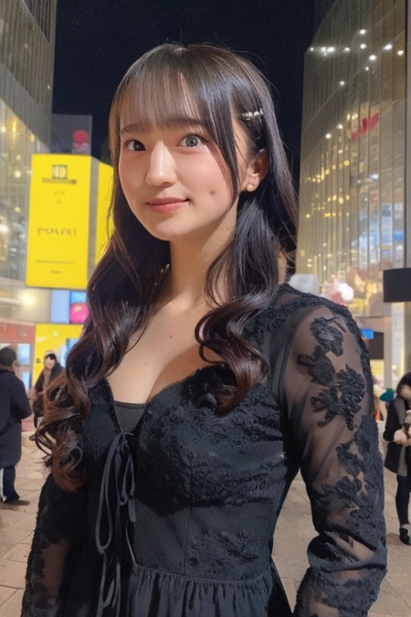 1girl wearing glamorous dress, at Shibuya city center,(RAW photo, best quality), (realistic, photo-realistic:1.4), masterpiece, an extremely delicate and beautiful, extremely detailed, 2k wallpaper, Amazing, finely detail, extremely detailed CG unity 8k wallpaper, ultra-detailed, highres, soft light, beautiful detailed girl, extremely detailed eyes and face, beautiful detailed nose, beautiful detailed eyes,perfect anatomy,soft light,slender body,standing,city lights at night