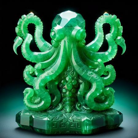 <lora:EmeraldMorph:1>, emeraldmorph, An emerald idol carved in the shape of Cthulhu, regal pose, translucent gemstone with many facets, on a carved stone alter in a South American temple,