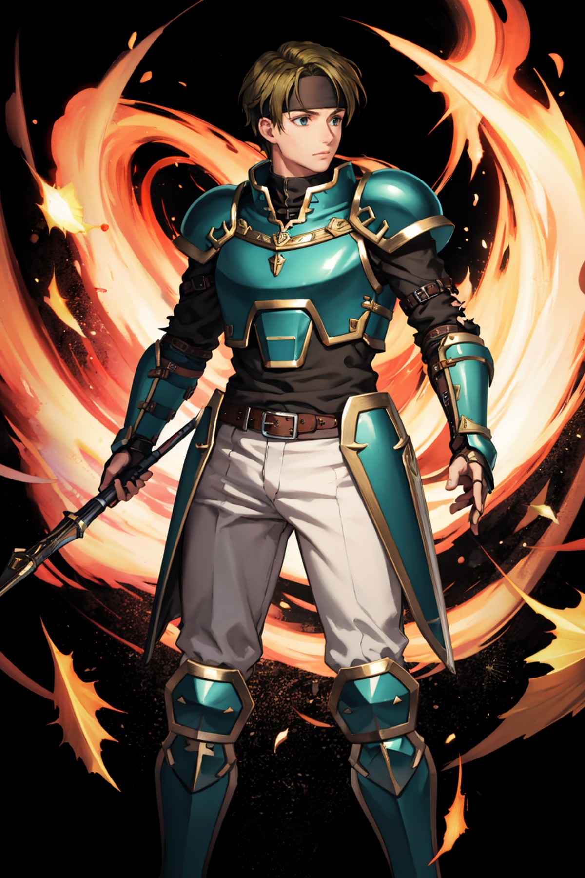 masterpiece, best quality, sain, headband, armor, belt, white pants, armored boots, standing, FEH, black background, simpl...