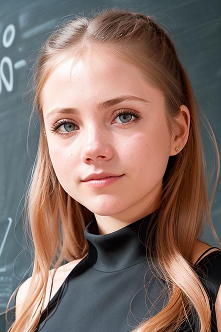 a photo of AM009_Camomile_v2,
30 years old woman, (black formal long-sleeve high neck dress:1.4),
(stands near the blackboard in the classroom:1.4),
soft light, golden hour, shoulder shot, (close up:1.5), 
4k textures, natural skin texture, skin pores, intricate, highly detailed, sharp focus, insane details, intricate details, hyperdetailed, hyperrealistic