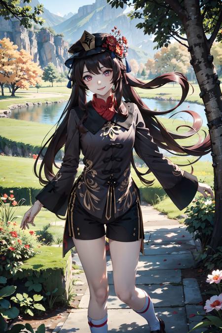 <lora:Hutao:0.7>, hu_tao, cowboy shot, beautiful girl, hat, hat flowers, brown long sleeves coat, black shorts, bare legs, white socks, black shoes, standing, long brown hair,  masterpiece, best quality,  (colorful),(delicate eyes and face), volumatic light, ray tracing, bust shot ,extremely detailed CG unity 8k wallpaper,smile,((flying petal)),(Flowery meadow) sunny,sunshine, light, fantasy, windy, magic sparks, trees, lake, mountains, ((flowers)),harano,