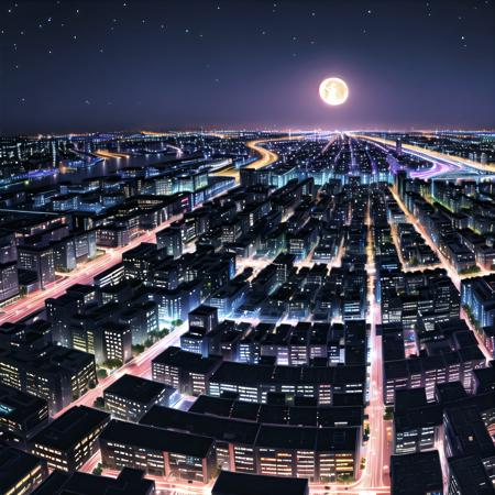 yofukashi background city night starry sky moon cityscape chromatic aberration skyscraper city lights building road