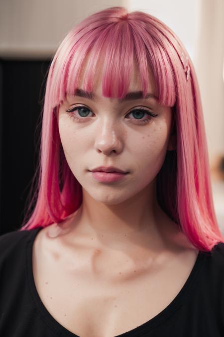 an eye contact of a girl,50mm, canon, pink hair and dark theme,bangs <lora:mtlddeav2:1> mtlddea