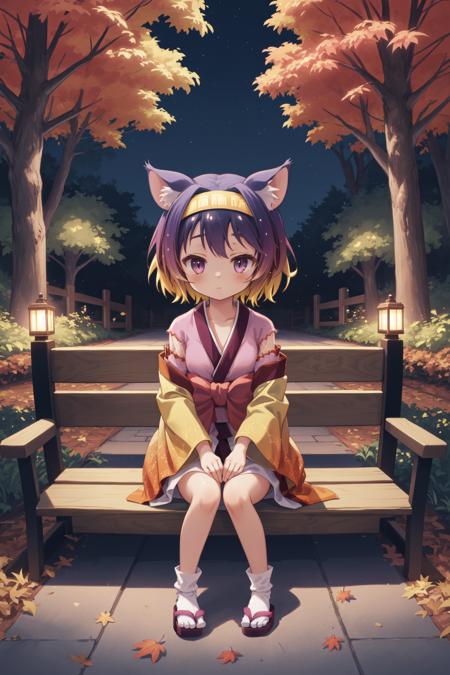 <lora:izuna v2:1> hatsuse izuna, short hair, wide sleeves, sarashi, yellow hairband, tabi, short kimono, gradient hair, 1girl on one knee,w arms, serene autumn garden, rich colors of fall, cushy blankets on benches, crunchy leaves underfoot, twinkling lights in the trees