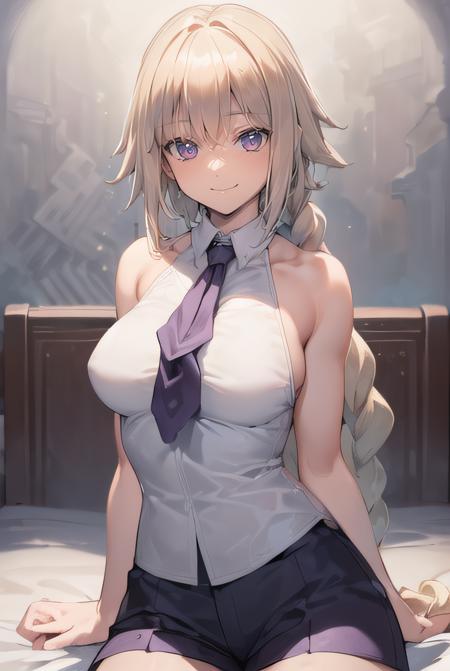 ((masterpiece:1.4, best qualit:1.4, high resolution:1.4)), <lora:more_details:0.2>, <lora:Leticia-10:0.8>, Juanita, blonde hair, breasts, purple eyes, necktie, white shirt, shorts, braid, long hair, smile, (hands on lap, v arms), sleeveless, cowboy shot, thighighs, frontal below:1.2, looking at viewer, sitting on bed