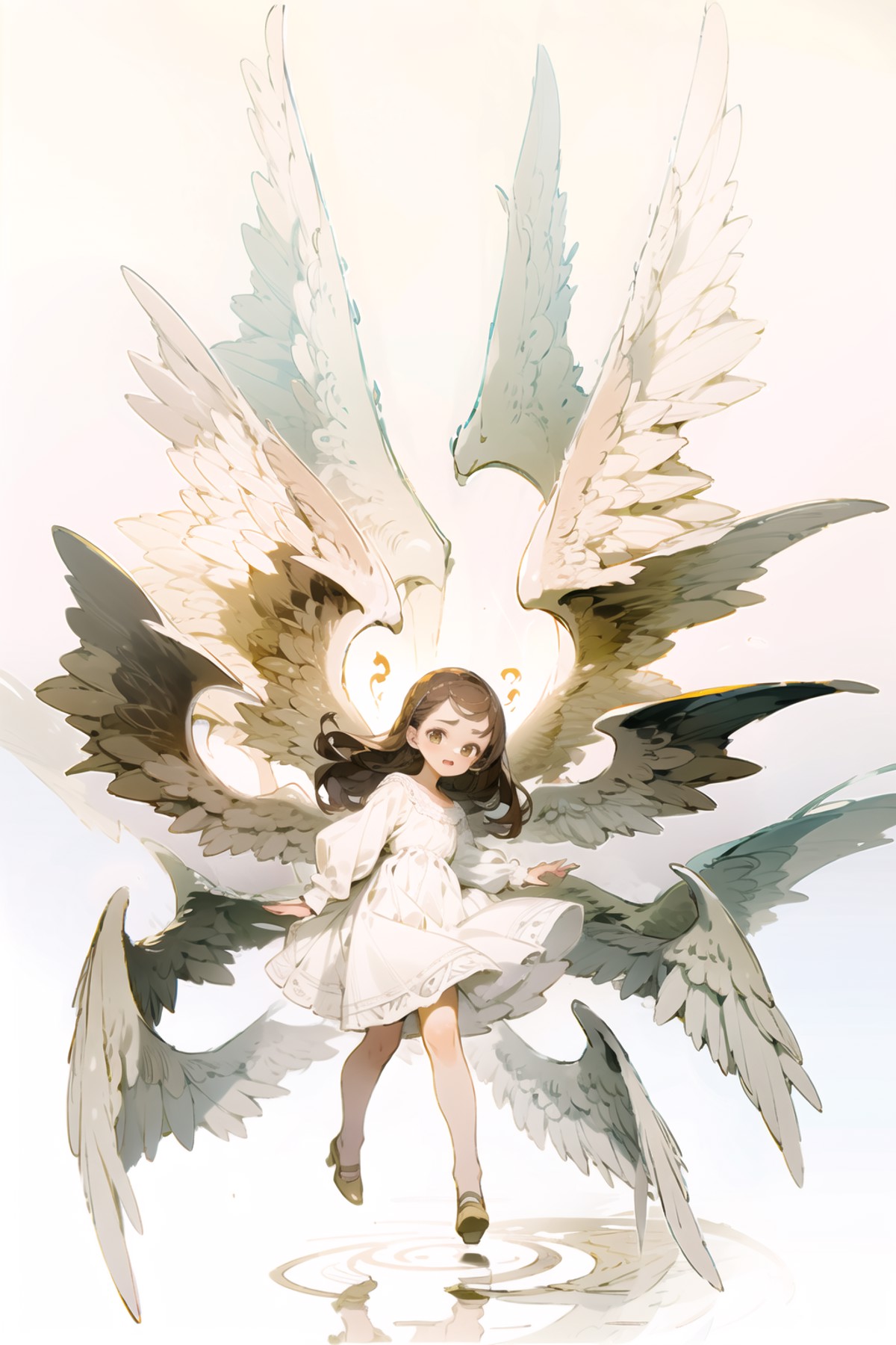 Seraphim, 1girl, solo, brown hair, dress, white dress, white background, brown footwear, long sleeves <lora:Seraphim-LOHA-...