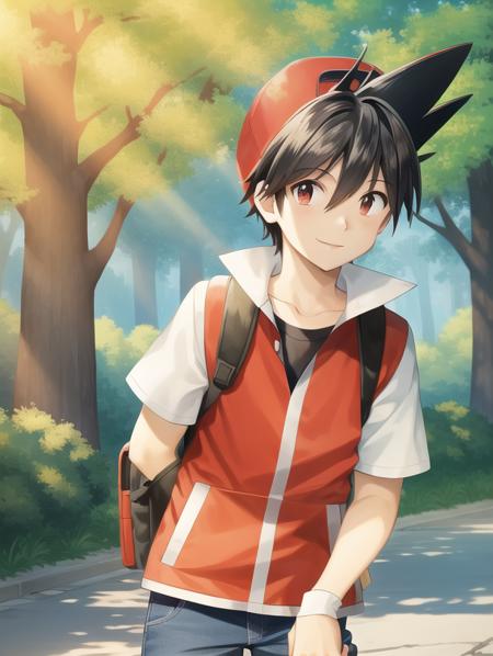 masterpiece, best quality, PokespeRed, 1boy, jacket, red jacket, classic jacket, shirt, black shirt, cap, red cap, backwards cap, jeans, blue jeans, fingerless gloves, upper body, yellow backpack, forest, standing, hands on the pocket, smile, <lora:PokespeRed:1>