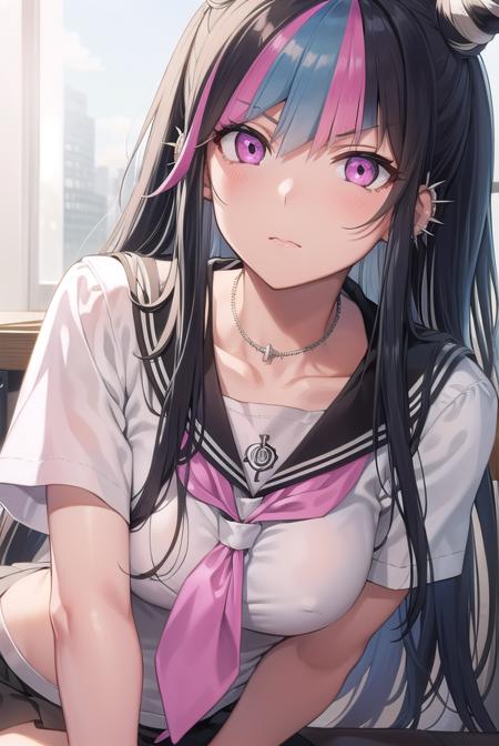 ibukimioda, <lora:ibukimioda-lora-nochekaiser:1>,
ibuki mioda, black hair, blue hair, hair horns, ear piercing, lip piercing, long hair, multicolored hair, (pink eyes:1.5), pink hair, white hair,
BREAK asymmetrical legwear, black skirt, blue thighhighs, jewelry, mismatched legwear, neckerchief, necklace, piercing, pleated skirt, ring, school uniform, serafuku, shirt, skirt, thighhighs, torn clothes, torn thighhighs, zettai ryouiki,
BREAK looking at viewer,
BREAK indoors, classroom,
BREAK <lyco:GoodHands-beta2:1>, (masterpiece:1.2), best quality, high resolution, unity 8k wallpaper, (illustration:0.8), (beautiful detailed eyes:1.6), extremely detailed face, perfect lighting, extremely detailed CG, (perfect hands, perfect anatomy),