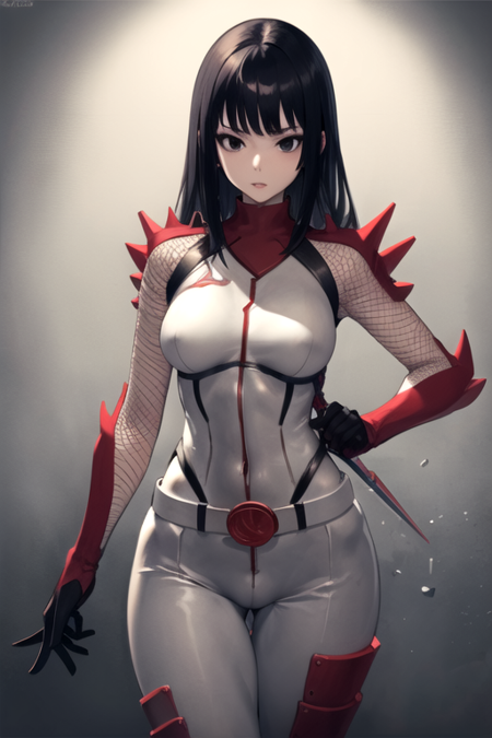 HibanaNightshade, 1girl, solo, long hair, large breasts, black hair, gloves, belt, armor, black eyes, white bodysuit, fishnets, skin tight, impossible clothes, ninja, spikes 