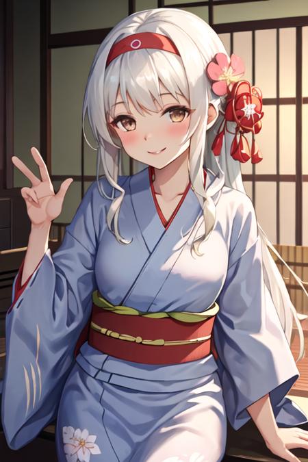 best quality, masterpiece, highres, solo, {yukata:1.40}, {kimono:1.20}, {shoukaku_kantaicollection:1.15}, long_hair, hairband, white_hair, brown_eyes, smile, headband, blush, muneate