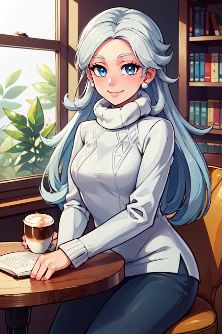 melony (pokemon), blue eyes, white hair, long hair, huge breasts, melony (pokemon), blue eyes, white hair, long hair, huge breasts,  fur hat, white scarf, white sweater, white shorts, leggings, white boots, 