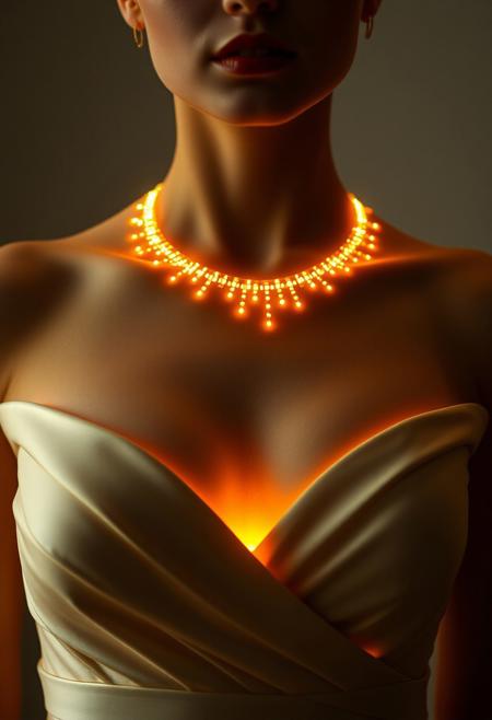 (Evening Gown): elegant evening gown, subdermal LED jewelry, (internal LED glow:1.6) beneath the skin, (embedded LEDs:1.7) forming delicate light patterns along the collarbone and neckline, soft light radiating naturally through the skin, (sapphire-like glow beneath skin:1.5), (luxurious fabric:1.4), high-quality satin or silk, flowing dress, (light integrated into skin:1.6), soft golden LED accents glowing subtly through the skin, (natural skin tone:1.5), smooth radiant light transitions, (highly realistic skin texture:1.7), (futuristic elegance:1.6), seamless integration of subdermal jewelry and dress design, high-definition, (glowing contours following body curves:1.6), elegant, bold yet refined, (worn jewelry:-1.8), (external necklace:-1.8), (visible jewelry:-1.8), ultra-realistic textures blending light and fabric, minimal external appearance, modern tech-enhanced beauty