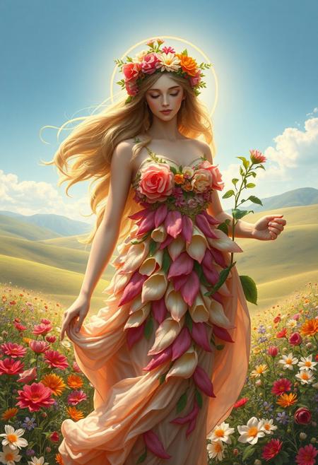 Masterpiece. An image of the goddess Flora, the Roman deity of flowers, spring, and renewal. She is depicted as a graceful figure with flowing hair adorned with a crown of vibrant blossoms. Her attire is a flowing, ethereal dress made of petals in shades of pink, green, and gold, symbolizing the abundance of nature. Surround her with a lush garden filled with colorful flowers in full bloom, and a soft golden light that enhances the scene's magical and serene atmosphere. The background should include rolling meadows and a clear blue sky. Fine art, Renaissance, Rinascimento, Roman, Antiquity, high-res, semi realistic, best quality, intricate details, ultra details, good lighting, vibrant colors, very detailed, octane render, ray tracing