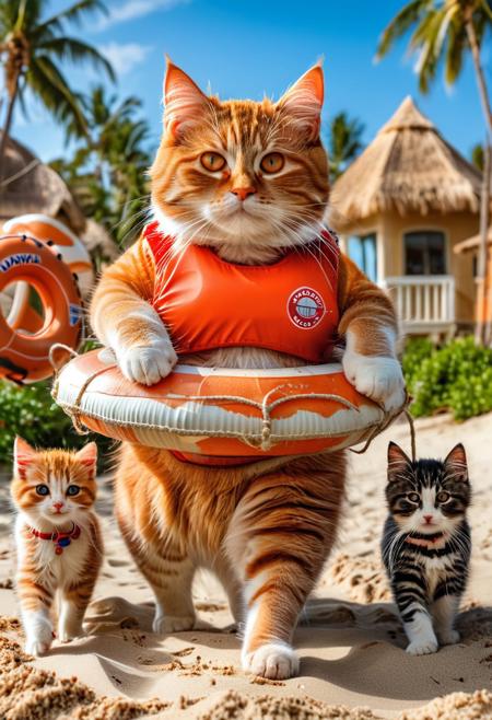 fluffy orange tabby fat cat wearing baywatch uniform walking guiding kittens wearing lifebuoy, beach in the background, morning,beach, there is a coconut tree far in the background, sand castle in side, voley cat, cat and kittens standing and walking like human and children,