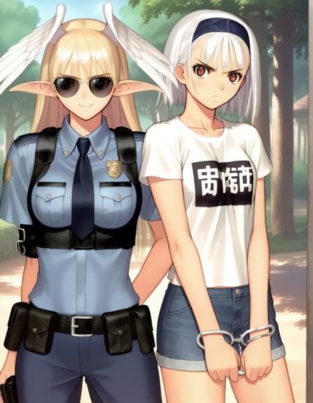 elwng, elf, pointy ears, stdef, head wings, collar, juliet sleeves, midriff, bustier, cleavage, long sleeves, belt, elwngskirt, green skirt, single fingerless glove, boots stbn, red eyes, short hair, white hair, hairband, stdrs, stcape, stud earrings, ribbed shirt, turtleneck dress, side slit, thigh boots, white footwear