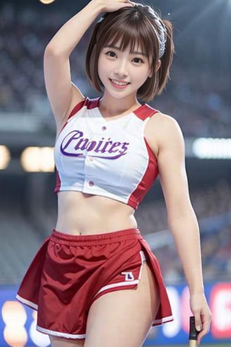 taiwanese, 1women, 28yo, (((woman))), solo, realistic,  best quality, photorealistic, masterpiece, 8k, high res, solo, extremely detailed face,  (professional lighting, bokeh), (light particles, lens flare, glowing particles:0.6), (dynamic pose:1.2), soft lighting, top angle view, fashionable and trendy atmosphere, japan, stadium, ((daytime)), ((looking at the viewer)), (looking at the camera),(portrait:0.6), gorgeous, standing, original face, wide shoulder, full body,  (medium breast),  (short hair), brown hair, floating hair, lips, lipstick, skin blemish, seductive smile, floating hair, sportwear, uniform, skirt, teeth, <lora:Qunqun_V2:0.7>