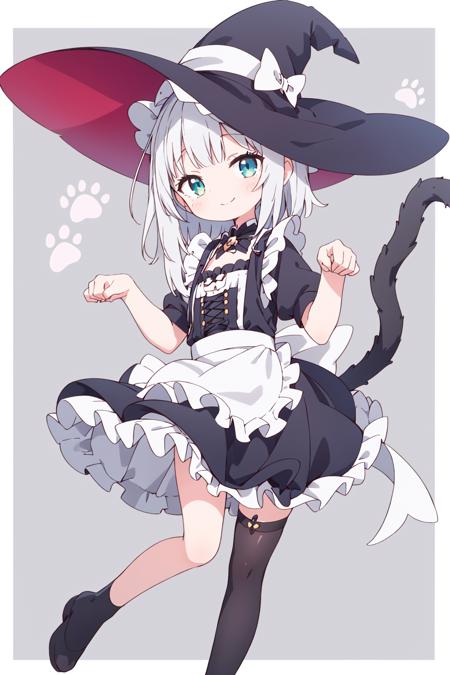 1girl, multiple colored hairs, witch maid, black cat tail, smile, black thighhigh, paw posing, leg up outside, paw, paw stamps, paw stamps, paw stamps