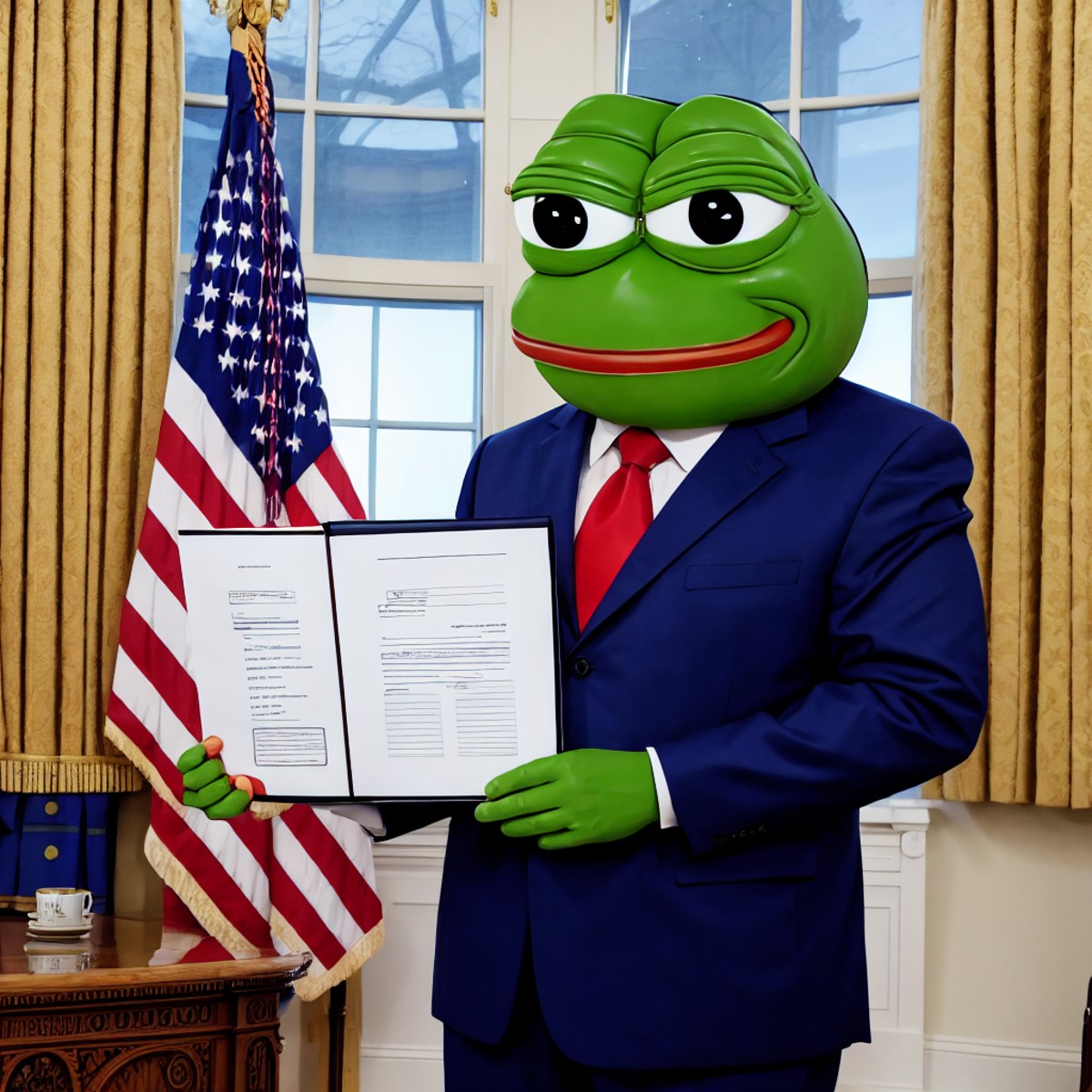 cartoon PepeFrog dressed in a suit as president of the united states in the oval office <lora:PepeFrog:0.7>