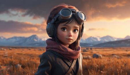 Small woman in the tundra field, professional 3D design of a cute and adorable cartoon character with big eyes, charming animation, endearing personality, exaggerated features, dynamic pose, captivating expression, expert character design, vibrant and colorful textures, engaging storytelling, versatile animation style, high-quality render, volumetric, 4k