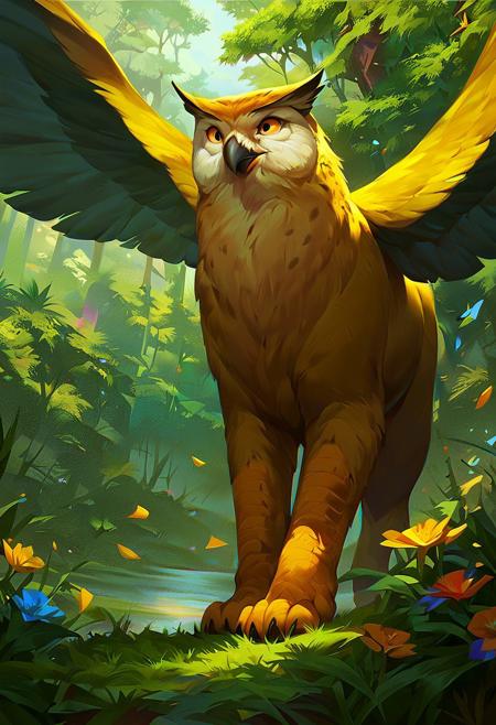 score_9, score_8_up, 8, score_7_up, score_6_up, solo,  owl head, beak, quadruped yellow bear, gryphon, wings, rushing in the lush green forest, dutch angle, flowers, colorful