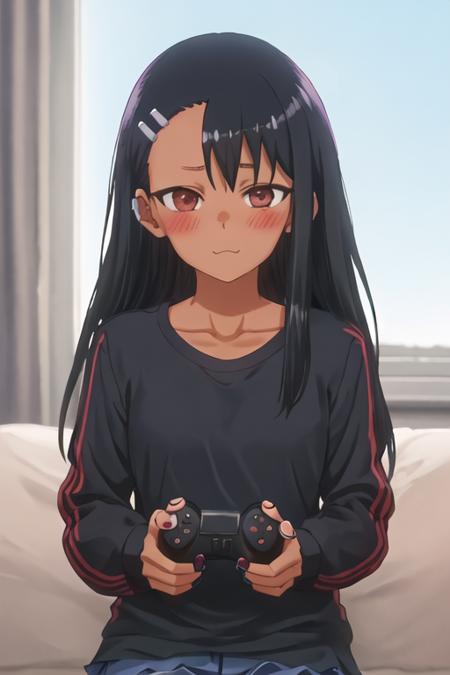 best quality, masterpiece, highres, solo, {nagatoro_hayase_donttoywithmemissnagatoro:1.15}, black_hair, long_hair, dark-skinned_female, dark_skin, brown_eyes, hairclip, hair_ornament, blush, bangs, smile, 1girl, blue_shirt, closed_mouth, collarbone, controller, game_controller, holding, holding_controller, indoors, long_sleeves, nail_polish, shirt, asymmetrical_bangs, frown, holding_game_controller, playing_games